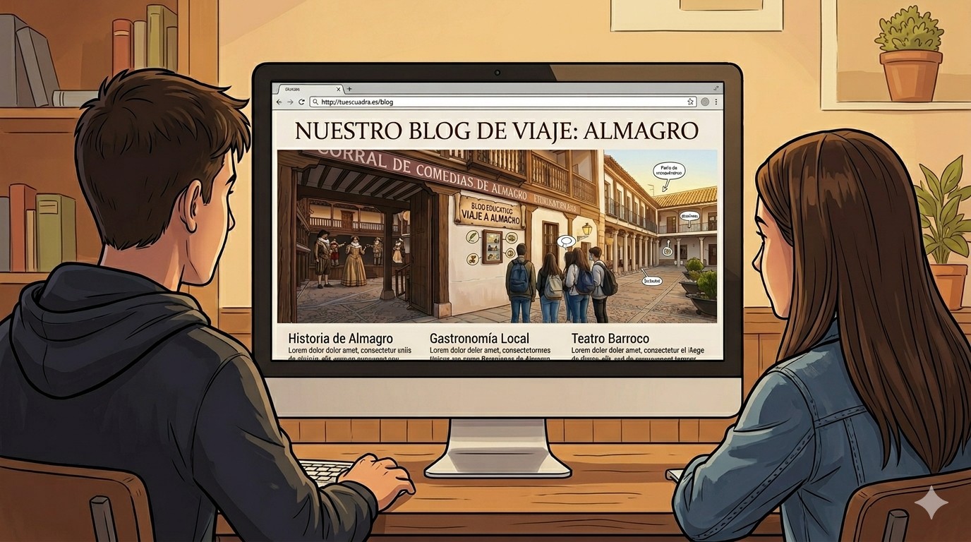 Dos alumnos frente al ordenador creando su blog